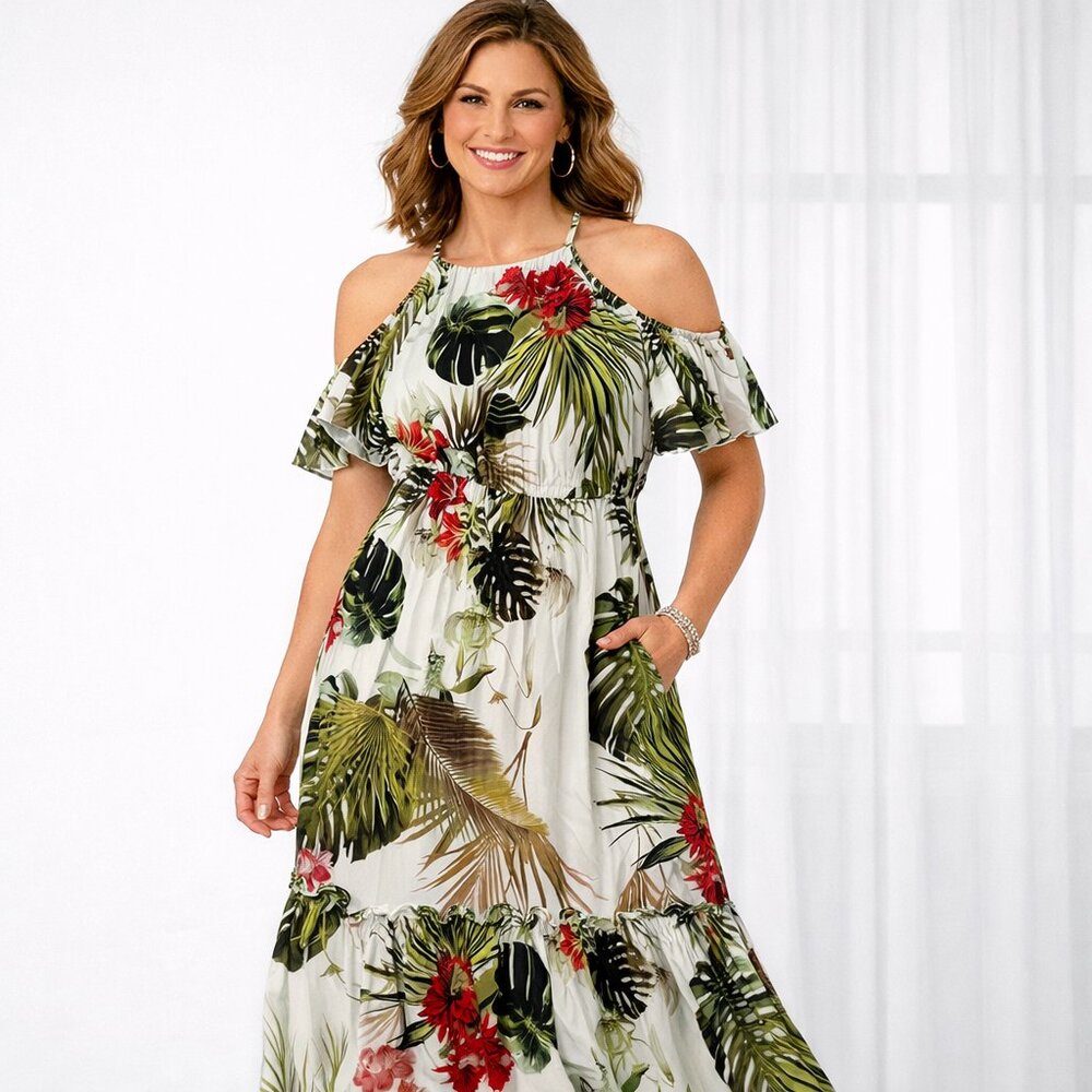 Gianni Bini Medelyn Tropical Floral Cold Shoulder Maxi Dress Green Red Size S